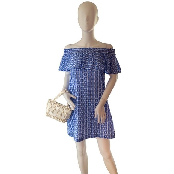 VINEYARD VINES BLUE WHITE OFF THE SHOULDER SUN DRESS SZ XS - Picture 1 of 6
